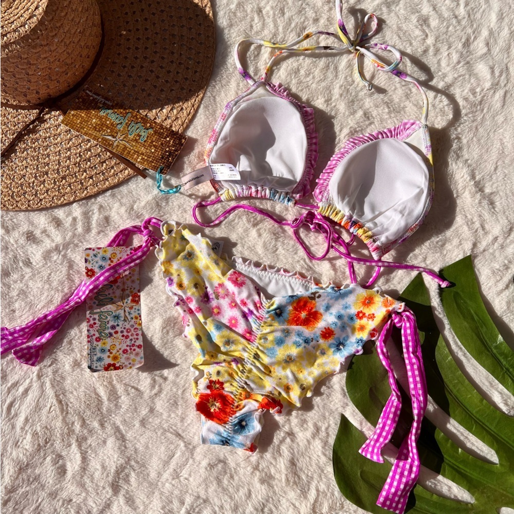Luli Fama Cha Cha Cha Ruffle Triangle Top and Ruched Wavey Back Bikini Bottom - Picture 4 of 9